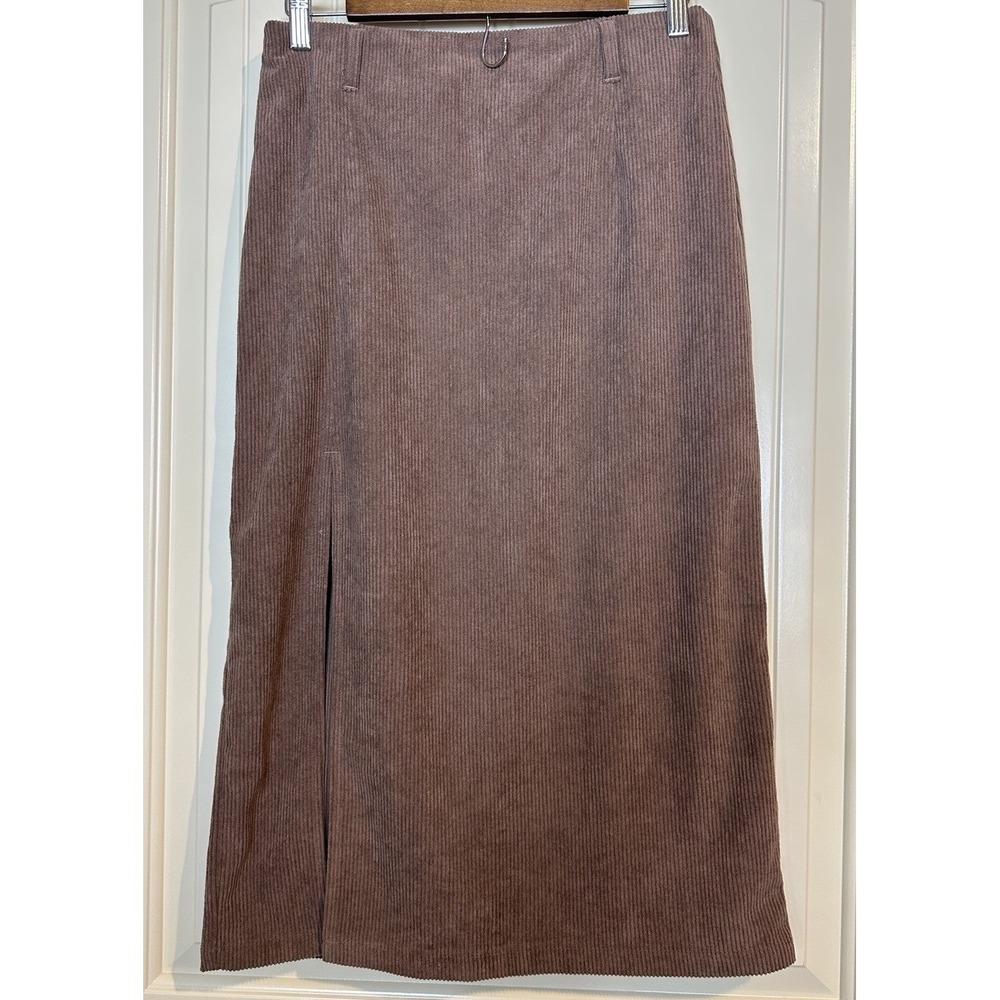 Halara Corduroy Midi Skirt M brown High Waisted Front Slit NWT New Tags